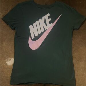 Nike Women's Green T-Shirt with Pink Logo